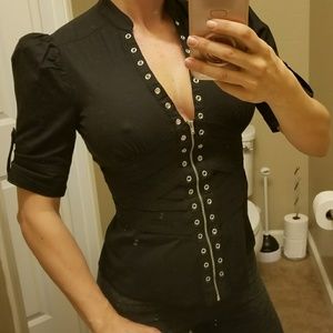 2b BEBE Puff 3/4 Sleeve Low Cut Grommet Top/Shirt